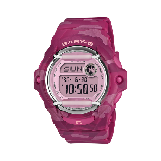 CASIO BABY-G BG-169CM-4ER originale – vista frontale orologio camouflage rosa Y2K