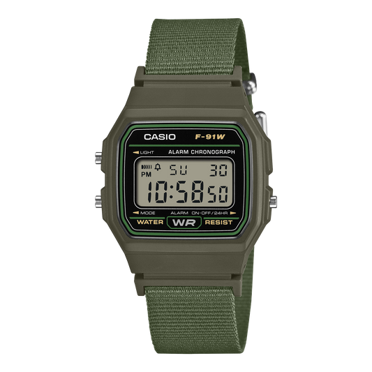 CASIO F-91WF-3AEF originale – F-91 verde con cinturino in tessuto riciclato