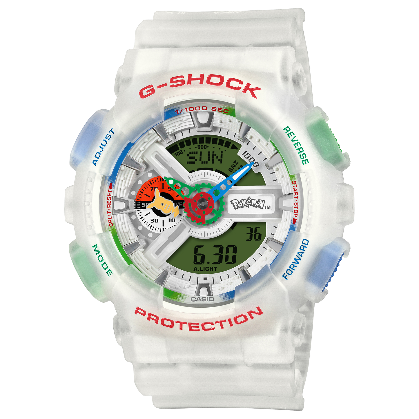 CASIO G-SHOCK GA-110PKM-7AER originale – vista frontale orologio uomo (Pokémon 30th Anniversary, quadrante rosso verde blu)