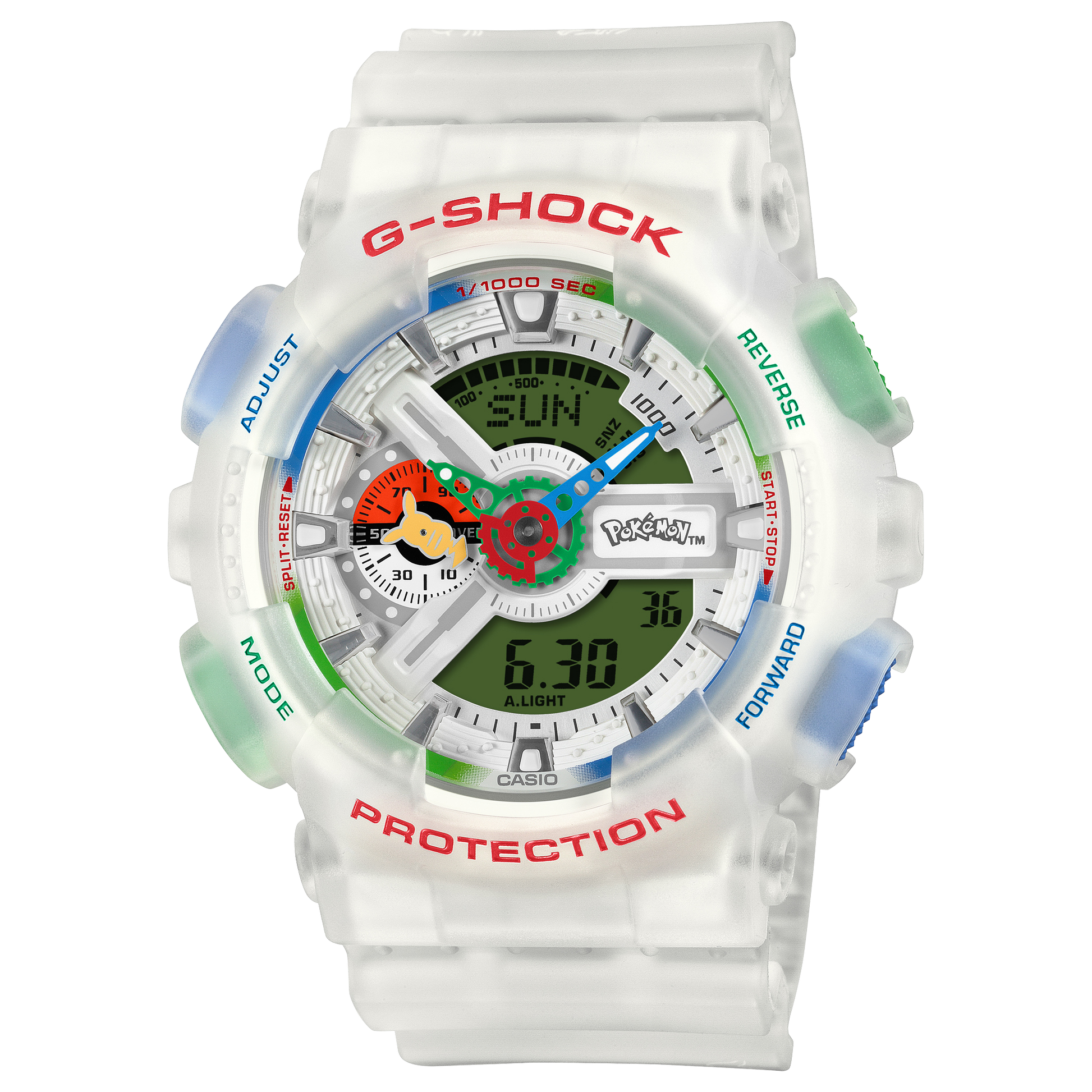 CASIO G-SHOCK GA-110PKM-7AER originale – vista frontale orologio uomo (Pokémon 30th Anniversary, quadrante rosso verde blu)