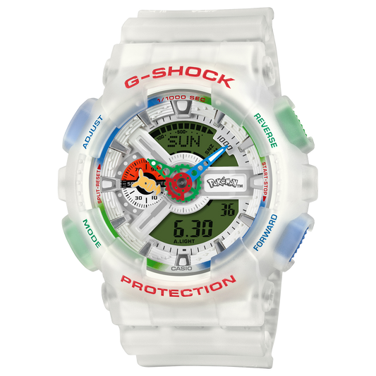 CASIO G-SHOCK GA-110PKM-7AER originale – vista frontale orologio uomo (Pokémon 30th Anniversary, quadrante rosso verde blu)