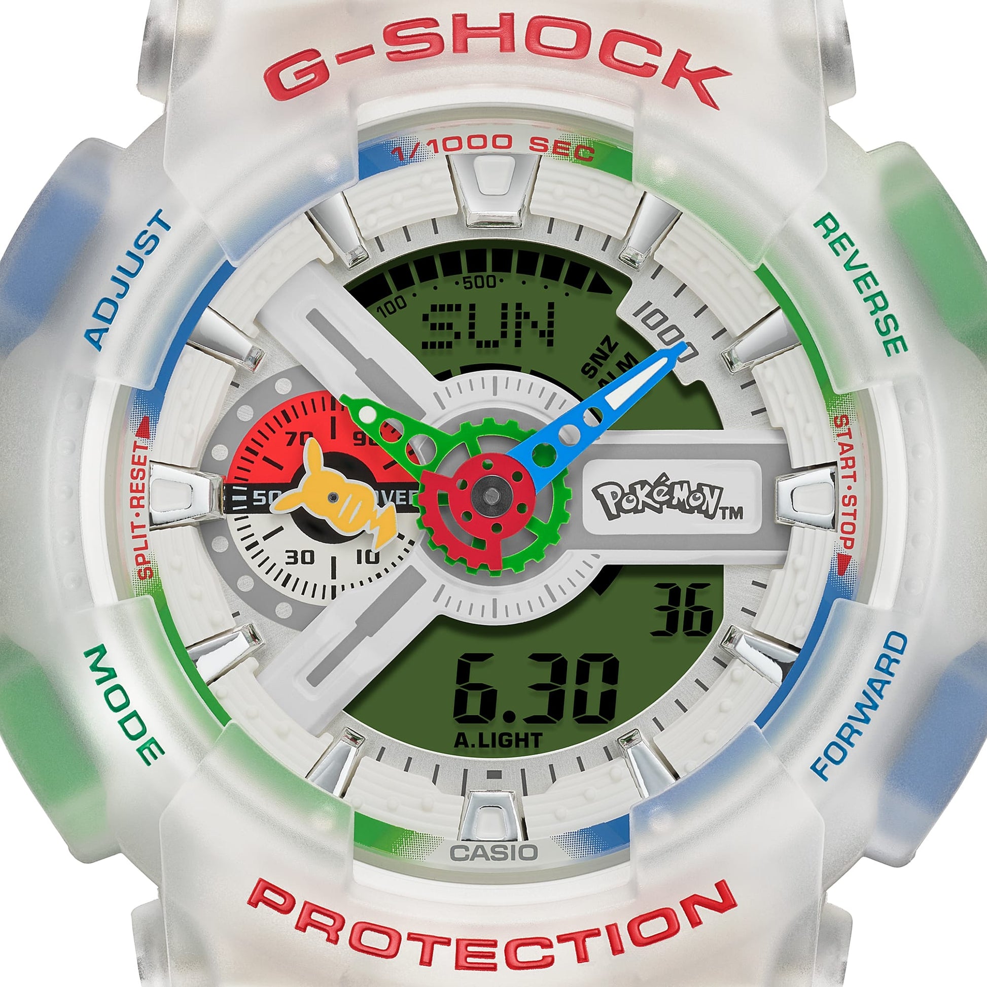 CASIO G-SHOCK GA-110PKM-7AER originale – dettaglio quadrante ausiliario Poké Ball con lancetta Pikachu