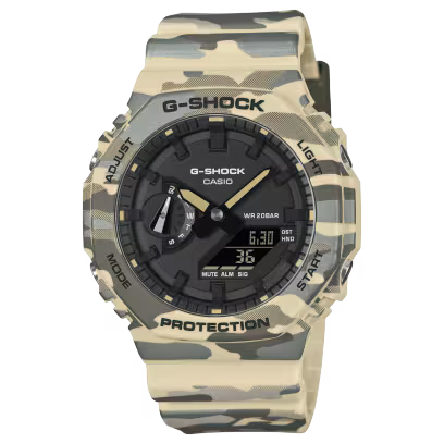 CASIO G-SHOCK GA-2100CM-5AER originale – vista frontale orologio uomo ottagonale camouflage beige (20 bar)