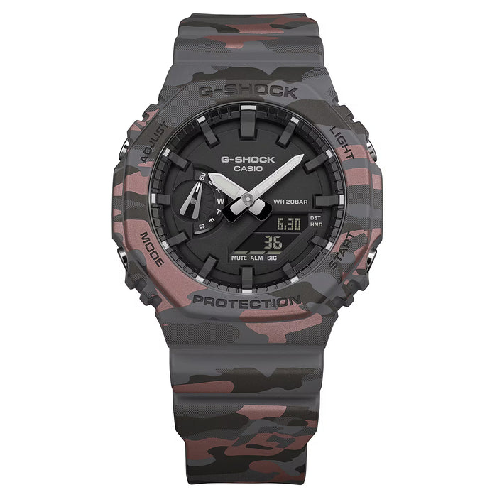 CASIO G-SHOCK GA-2100CM-8AER originale – vista frontale orologio uomo ottagonale camouflage verde (20 bar)