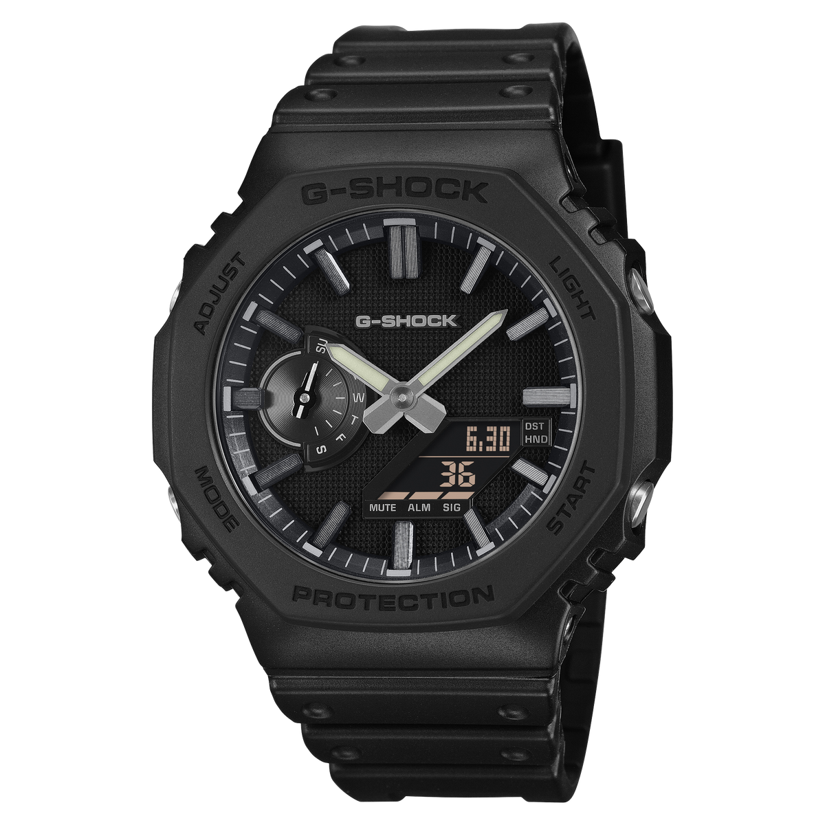 CASIO G-SHOCK GA-2100LXB-1AER originale – vista frontale orologio ottagonale nero opaco con accenti argento LUXE BLACK