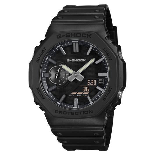 CASIO G-SHOCK GA-2100LXB-1AER originale – vista frontale orologio ottagonale nero opaco con accenti argento LUXE BLACK
