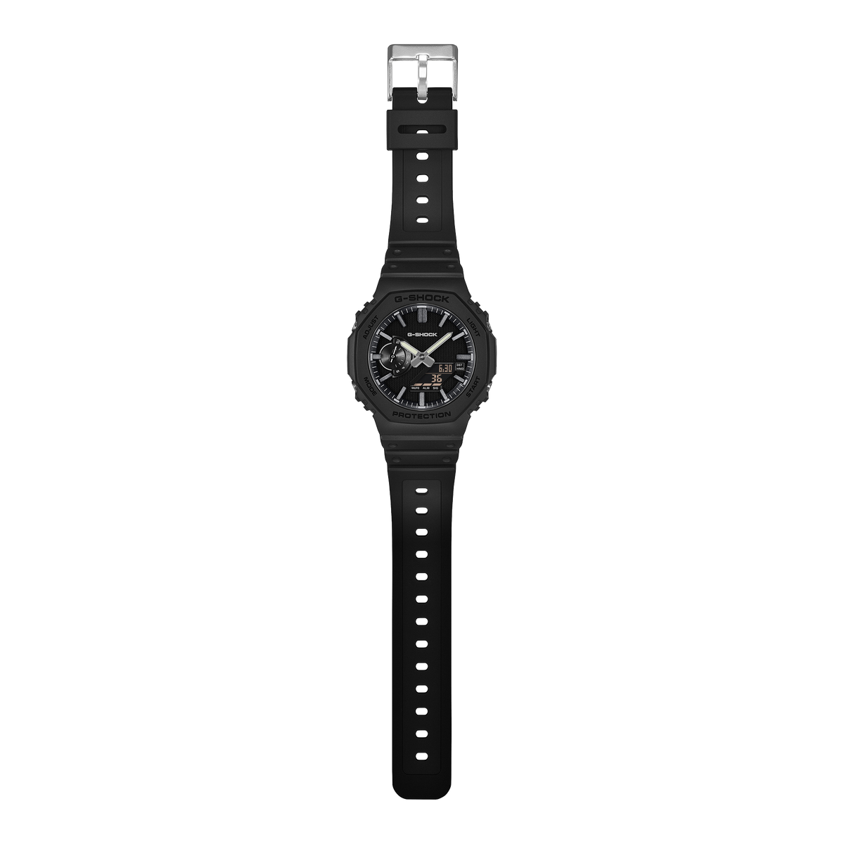 CASIO G-SHOCK GA-2100LXB-1AER originale – vista laterale orologio ottagonale nero opaco con accenti argento LUXE BLACK
