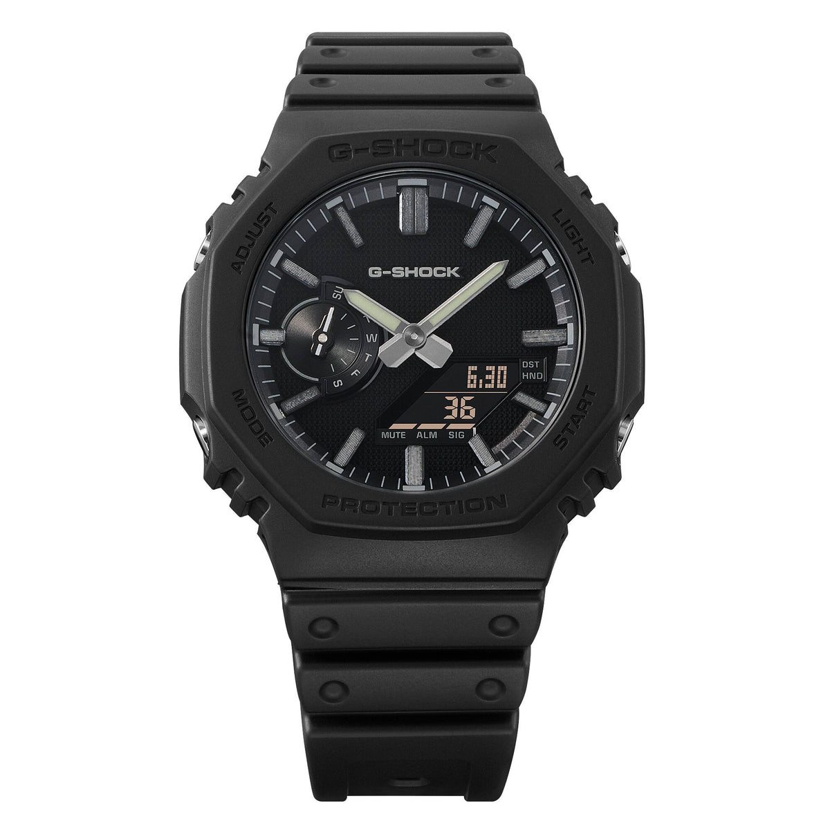 CASIO G-SHOCK GA-2100LXB-1AER originale – dettaglio quadrante orologio ottagonale nero opaco con accenti argento LUXE BLACK