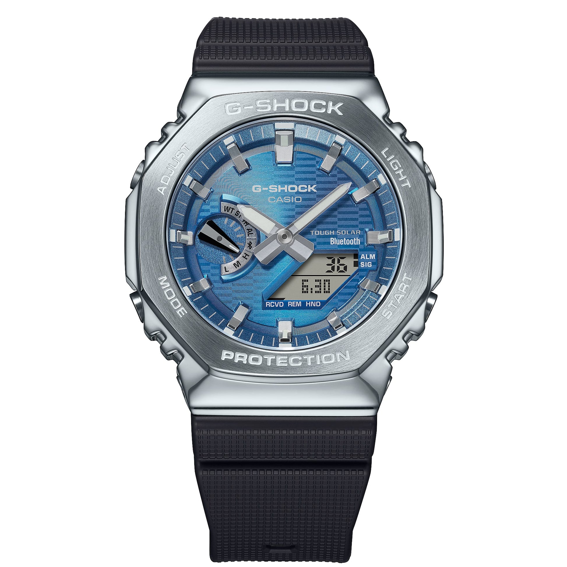 CASIO G-SHOCK GBM-2100A-2BER originale – vista frontale dettagli cassa (Bluetooth, Tough Solar, 200m, Carbon Core Guard)