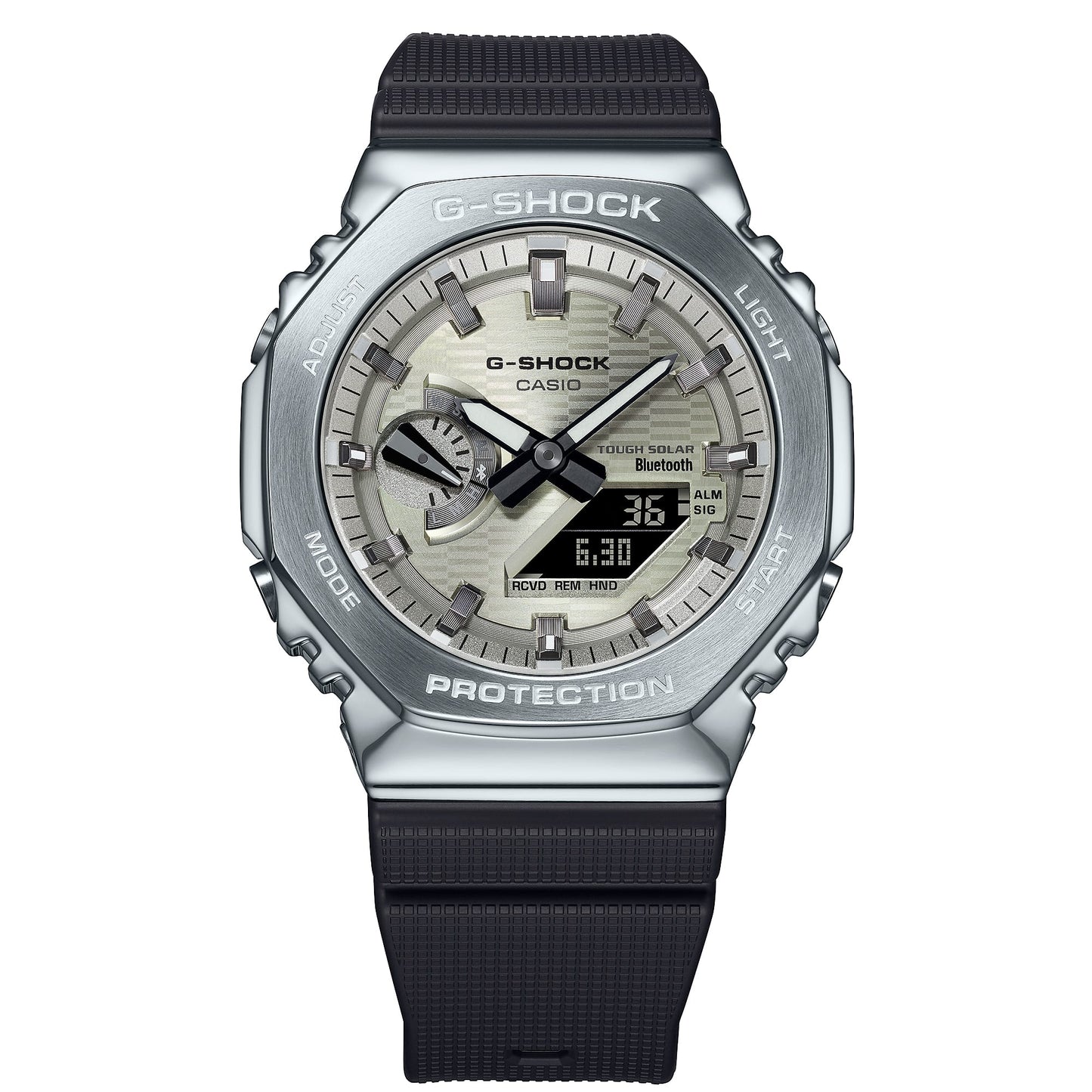CASIO G-SHOCK GBM-2100A-8BER originale – vista frontale dettagli cassa (Bluetooth, Tough Solar, 200m, Carbon Core Guard)