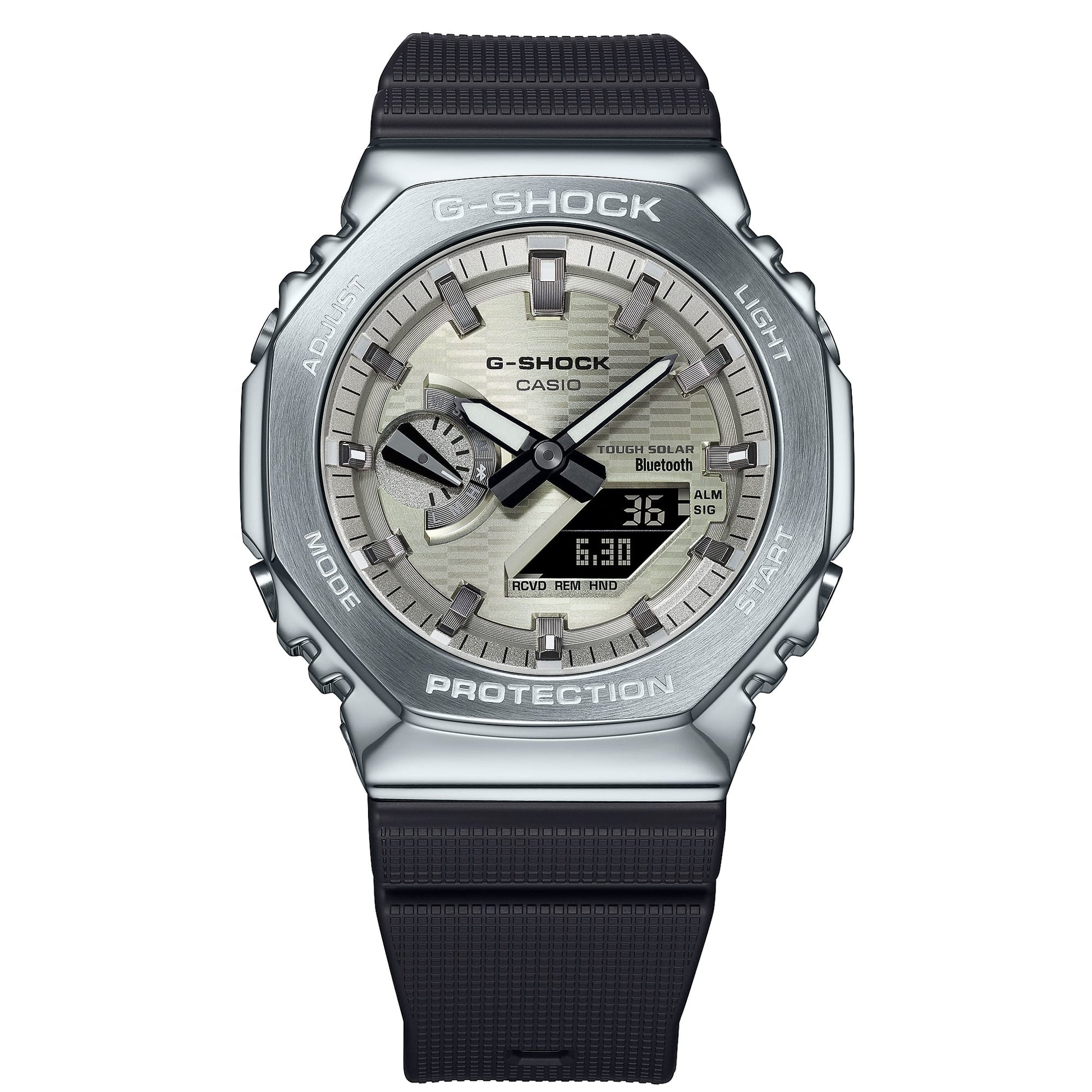 CASIO G-SHOCK GBM-2100A-8BER originale – vista frontale dettagli cassa (Bluetooth, Tough Solar, 200m, Carbon Core Guard)