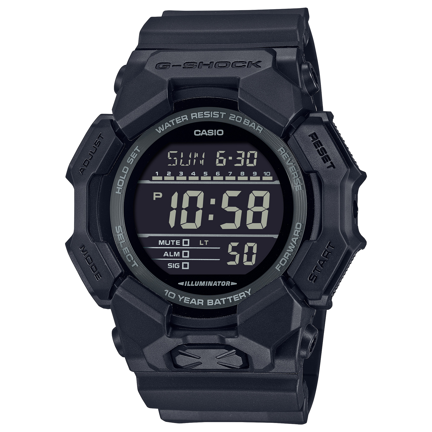 CASIO G-SHOCK GD-010-1A1ER originale – vista frontale orologio uomo (Shock Resist, 200m, LED, digitale)