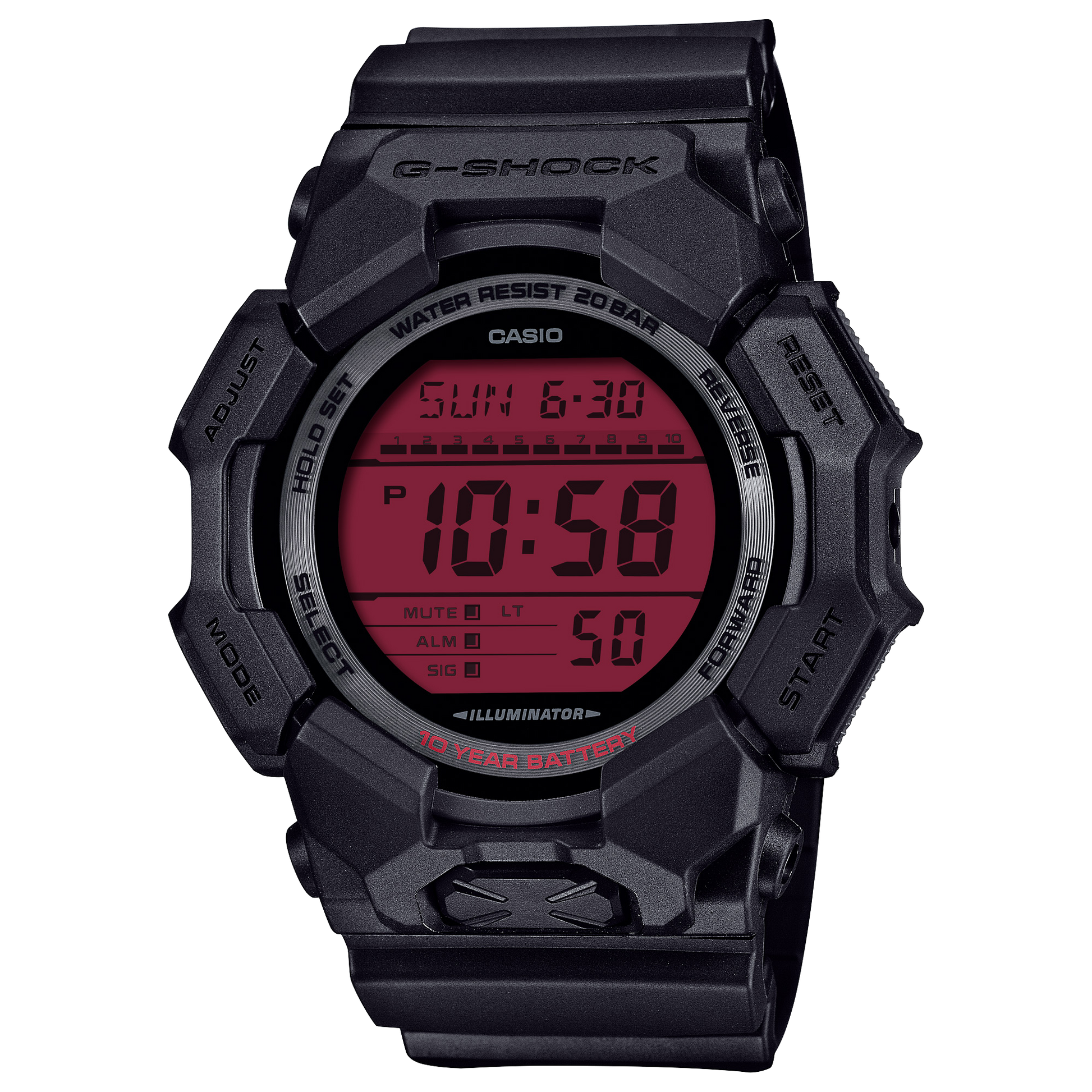 CASIO G-SHOCK GD010BBR-1ER originale – vista frontale orologio uomo (Shock Resist, 200m, LED, design total black)