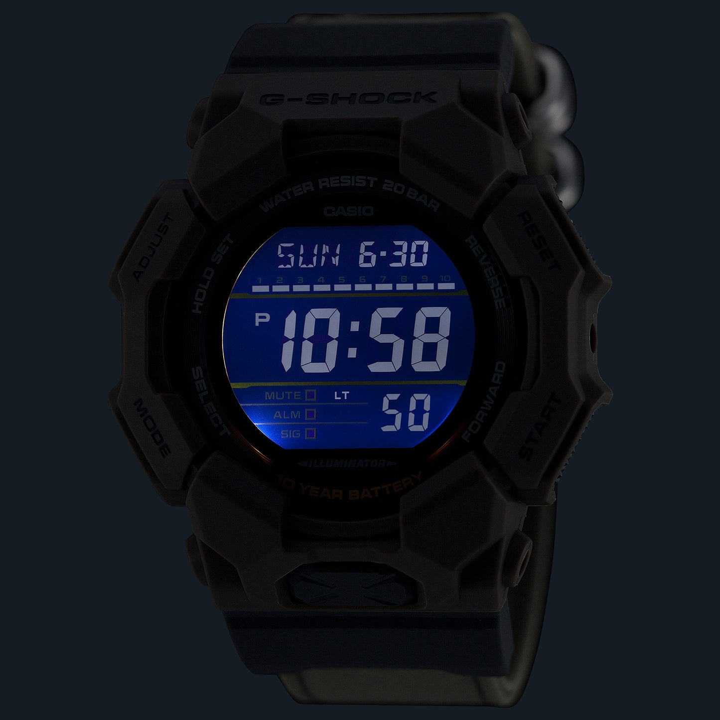 CASIO G-SHOCK GD-010CE-5ER originale – dettaglio illuminazione LED (Shock Resist, 200m, LED, design robusto)
