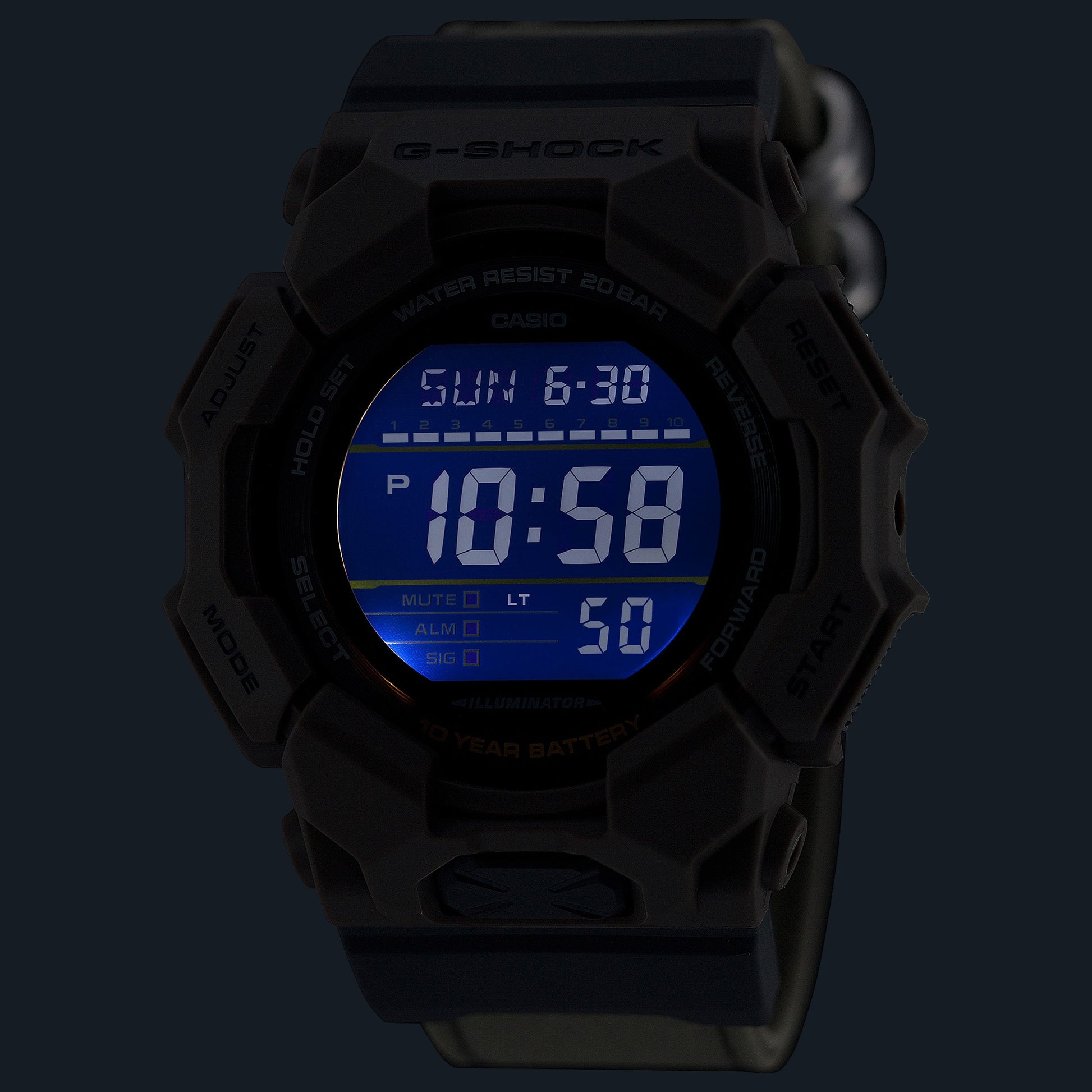 CASIO G-SHOCK GD-010CE-5ER originale – dettaglio illuminazione LED (Shock Resist, 200m, LED, design robusto)