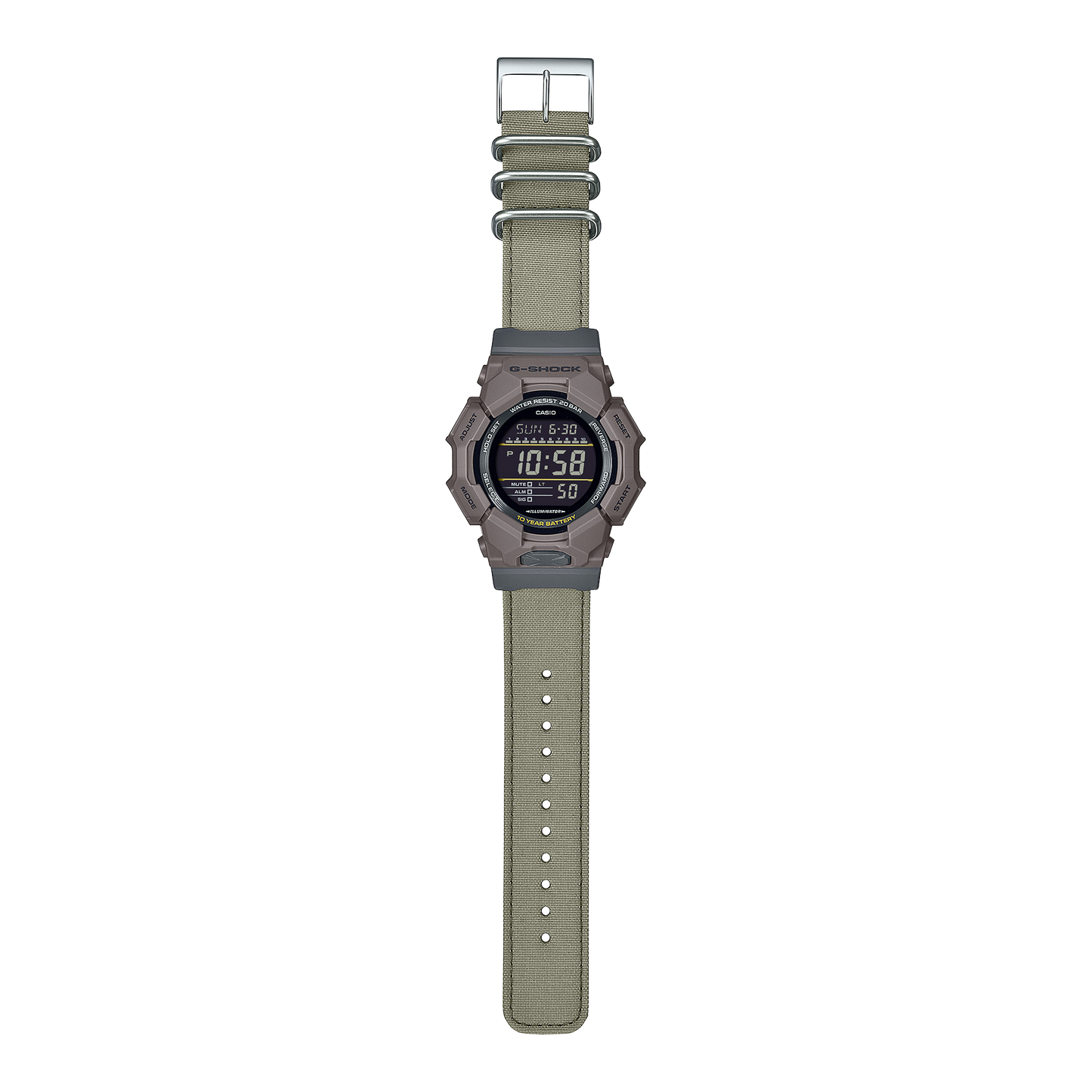 CASIO G-SHOCK GD-010CE-5ER originale – vista completa cinturino (Shock Resist, 200m, LED, design robusto)