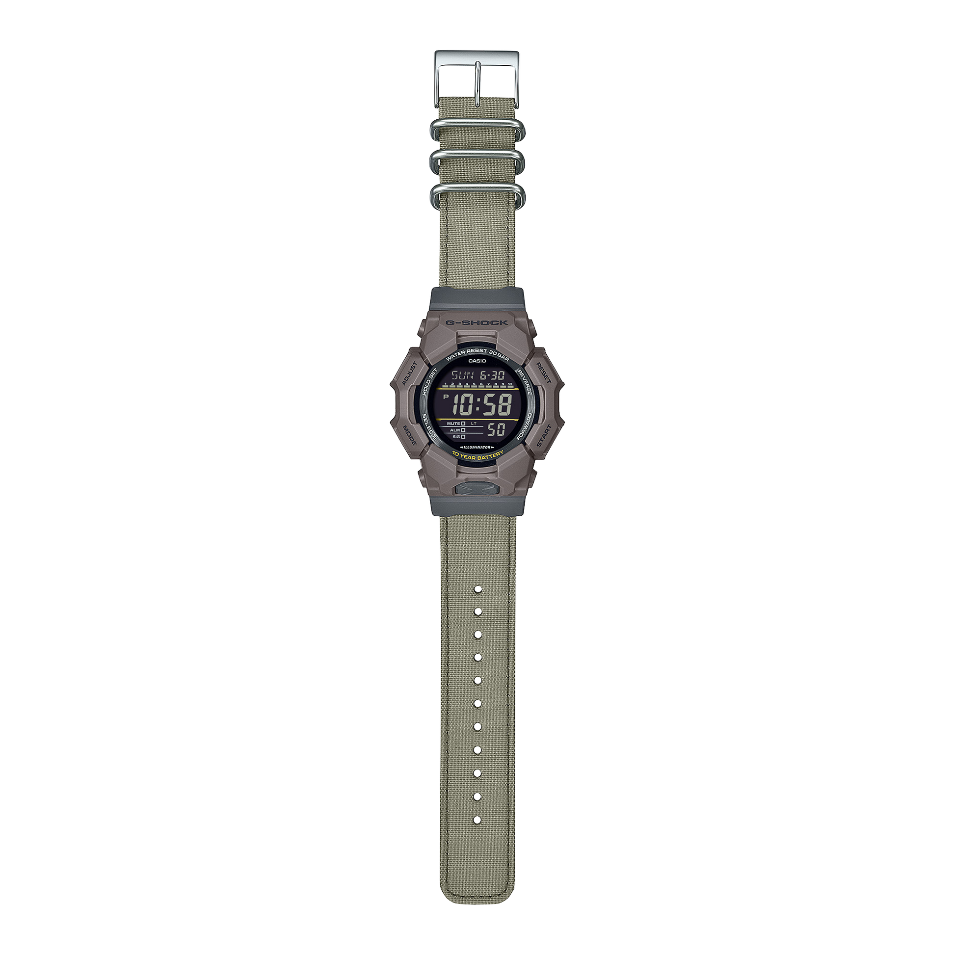 CASIO G-SHOCK GD-010CE-5ER originale – vista completa cinturino (Shock Resist, 200m, LED, design robusto)