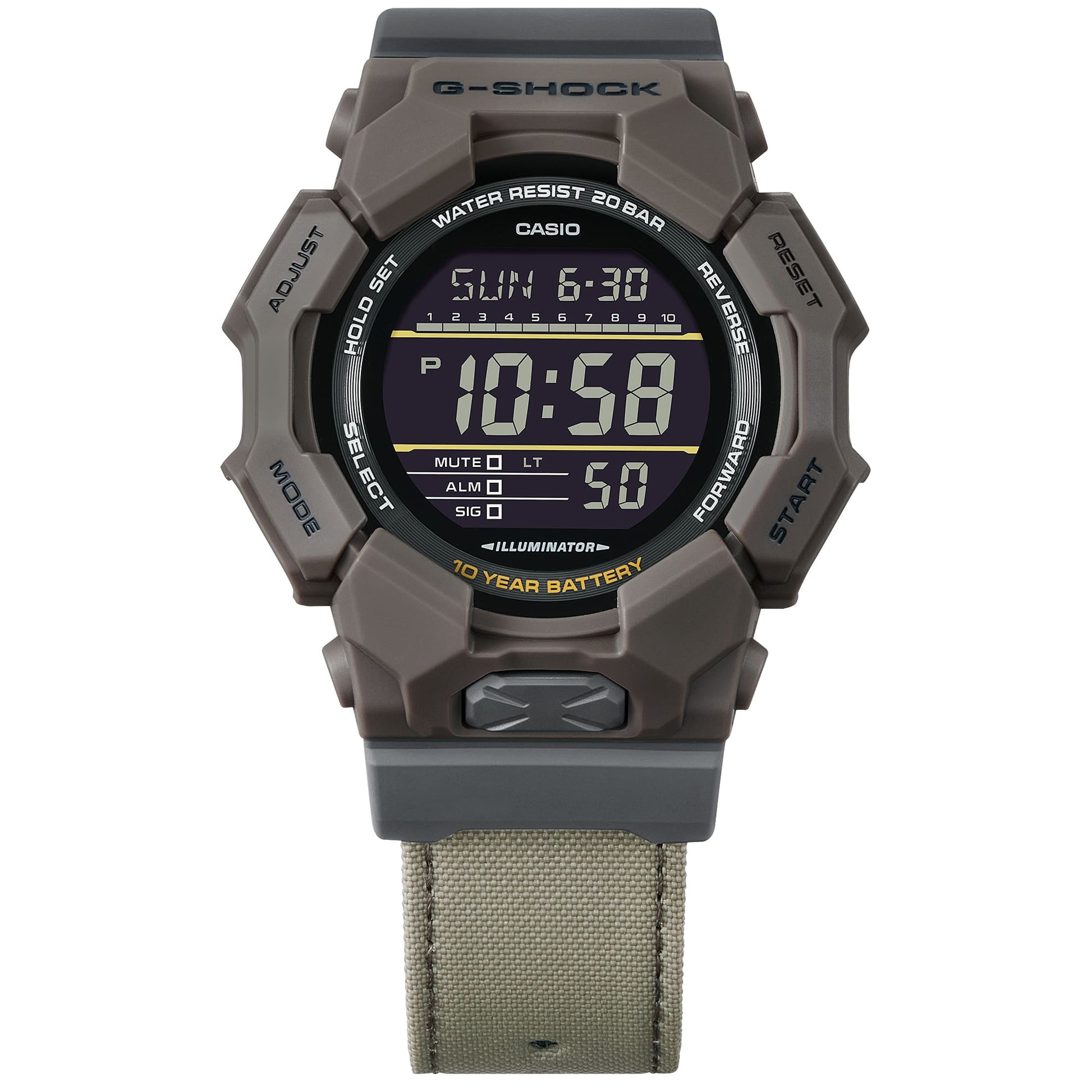 CASIO G-SHOCK GD-010CE-5ER originale – vista frontale dettagli cassa (Shock Resist, 200m, LED, design robusto)