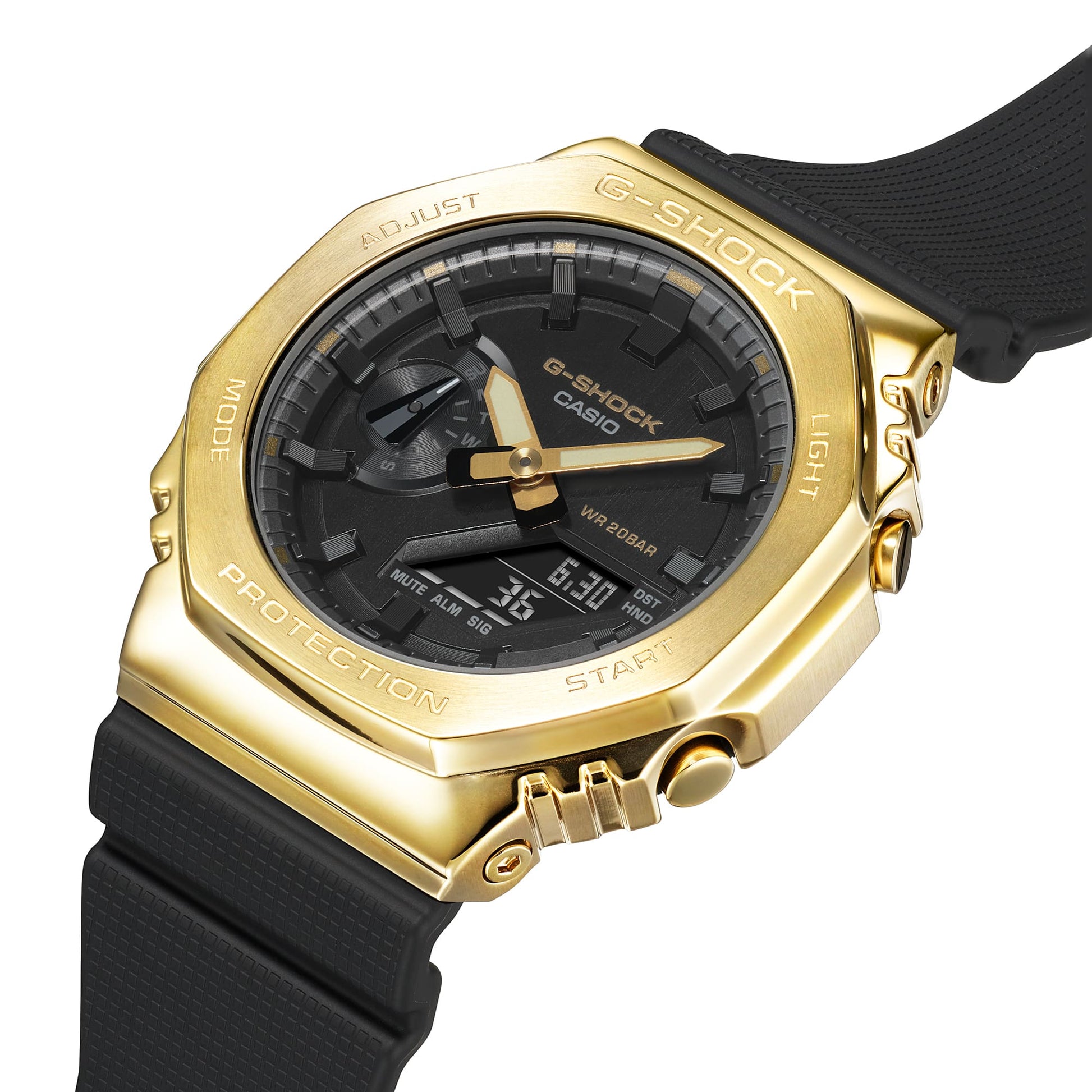 CASIO G-SHOCK GM-2100G-1A9ER originale – dettaglio finiture metalliche (Shock Resist, 200m, cassa metal, analogico-digitale)