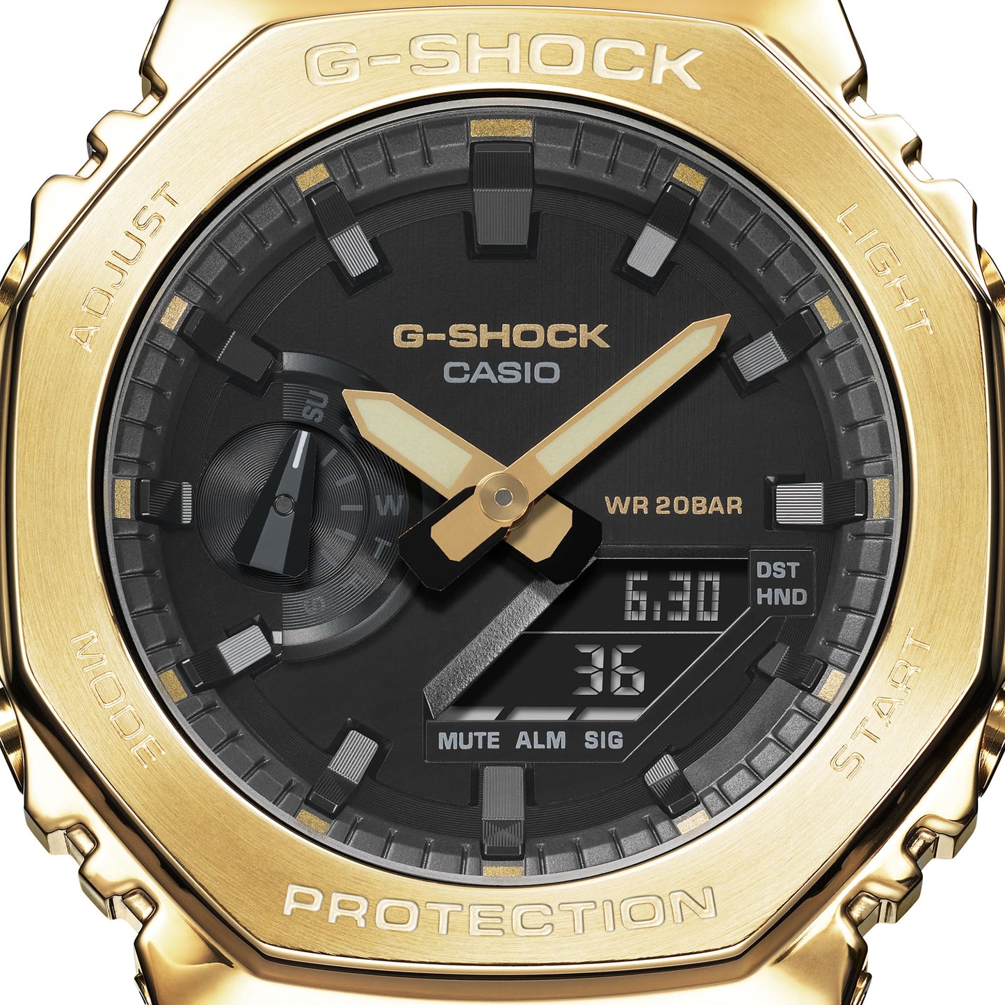 CASIO G-SHOCK GM-2100G-1A9ER originale – dettaglio quadrante analogico-digitale (Shock Resist, 200m, cassa metal, analogico-digitale)