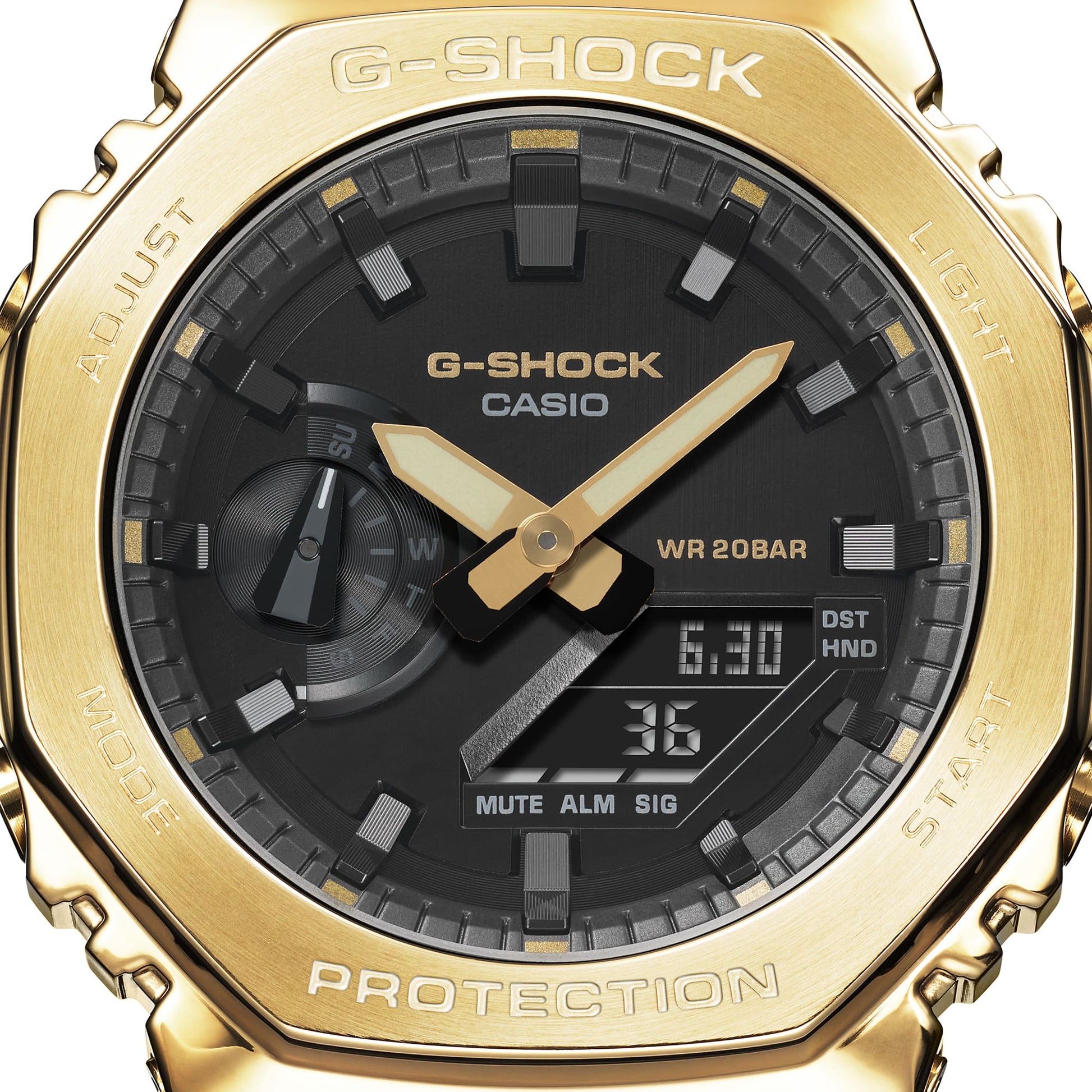 CASIO G-SHOCK GM-2100G-1A9ER originale – dettaglio quadrante analogico-digitale (Shock Resist, 200m, cassa metal, analogico-digitale)