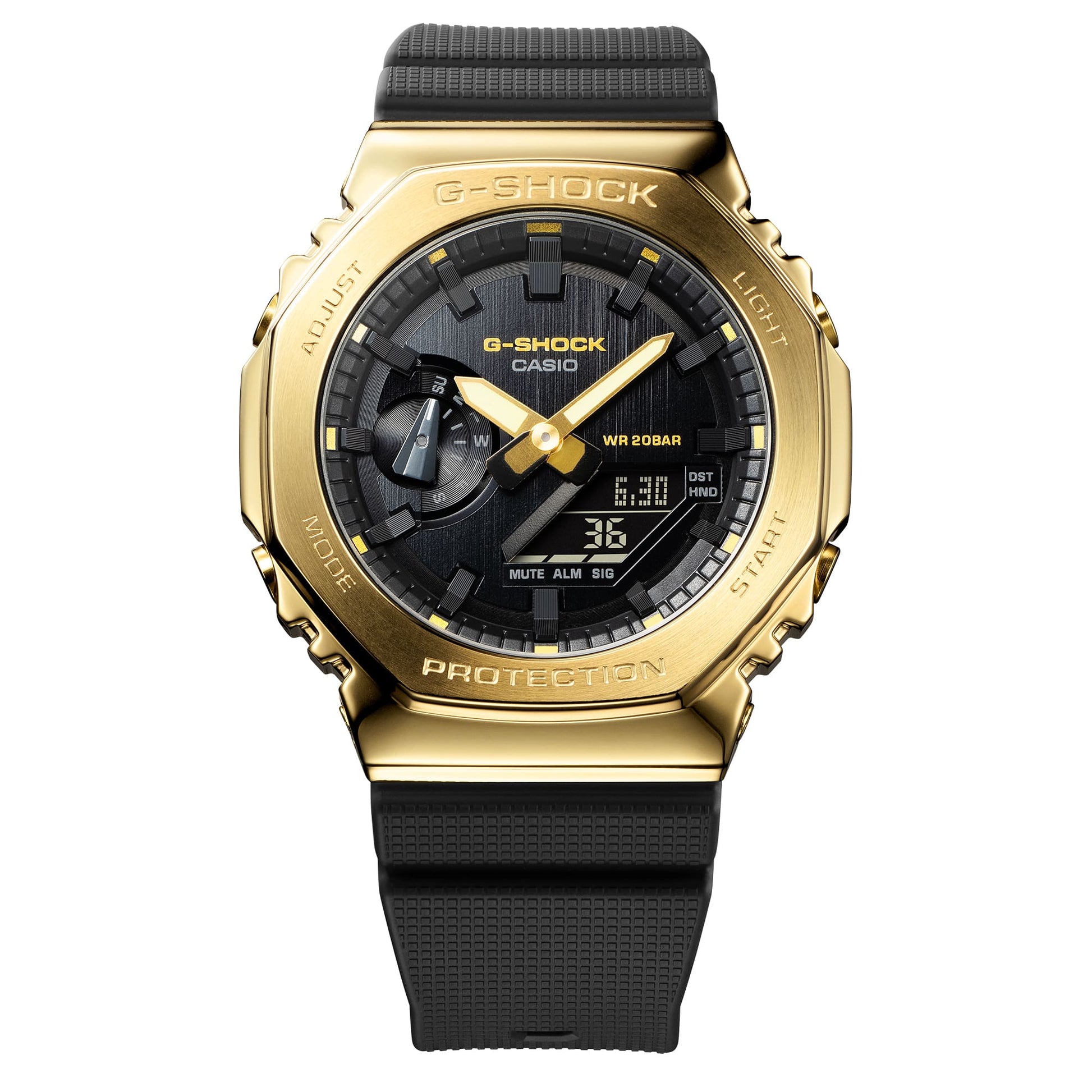 CASIO G-SHOCK GM-2100G-1A9ER originale – vista frontale dettagli cassa (Shock Resist, 200m, cassa metal, analogico-digitale)