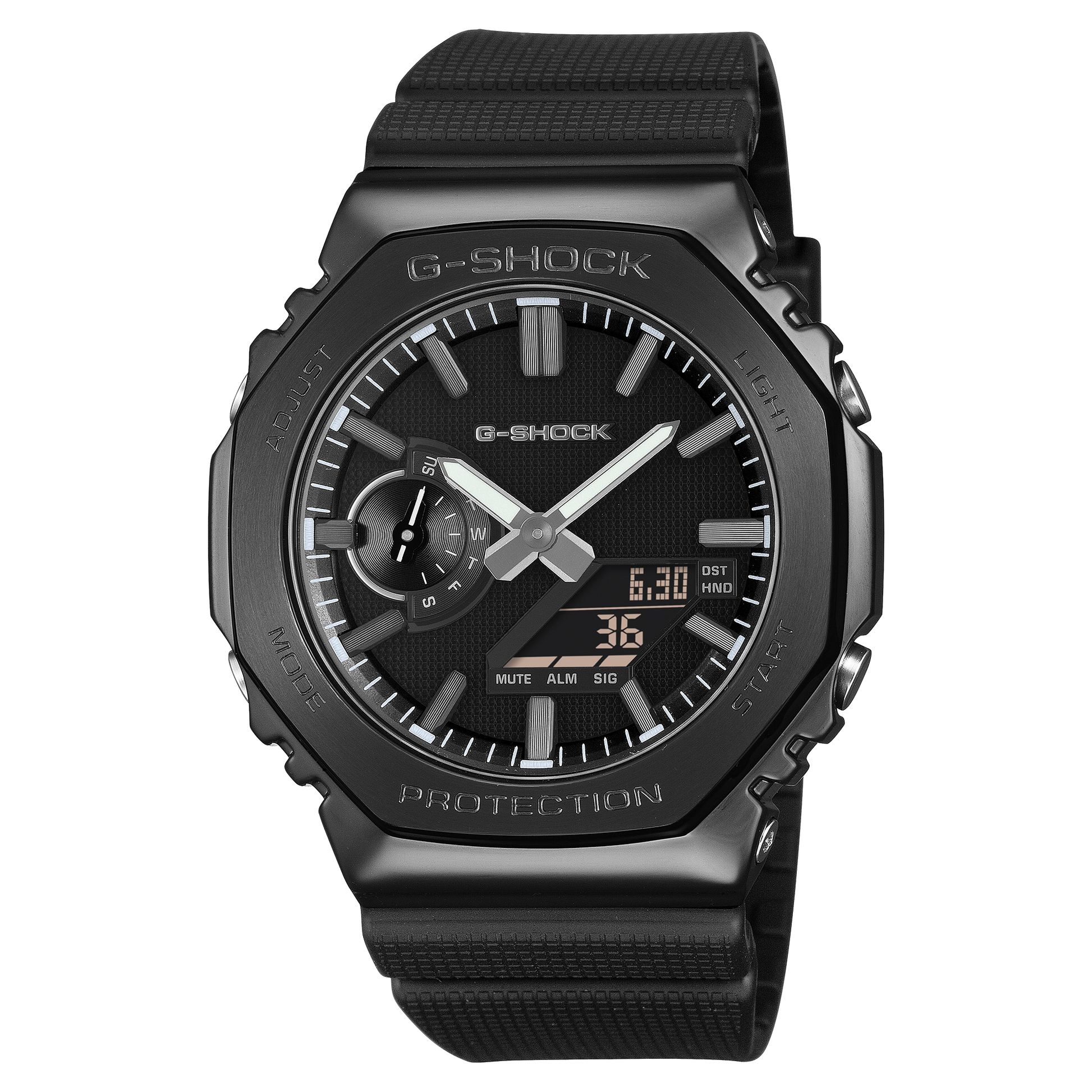 CASIO G-SHOCK GM-2100LXB-1AER originale – vista frontale orologio ottagonale metallico nero con accenti argentati LUXE BLACK