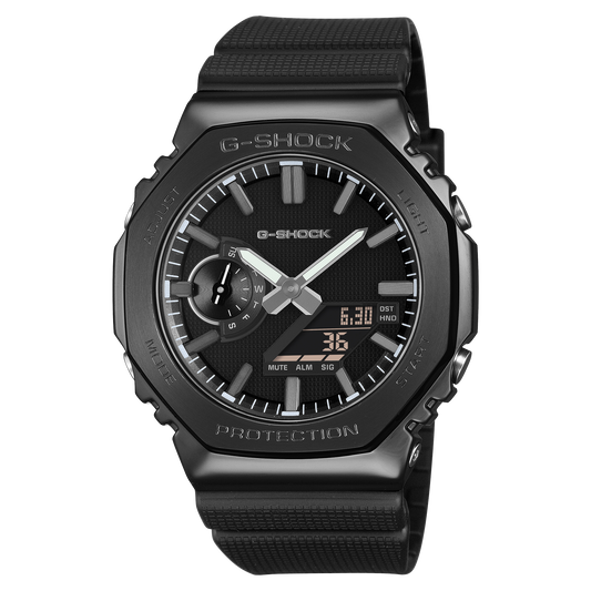 CASIO G-SHOCK GM-2100LXB-1AER originale – vista frontale orologio ottagonale metallico nero con accenti argentati LUXE BLACK