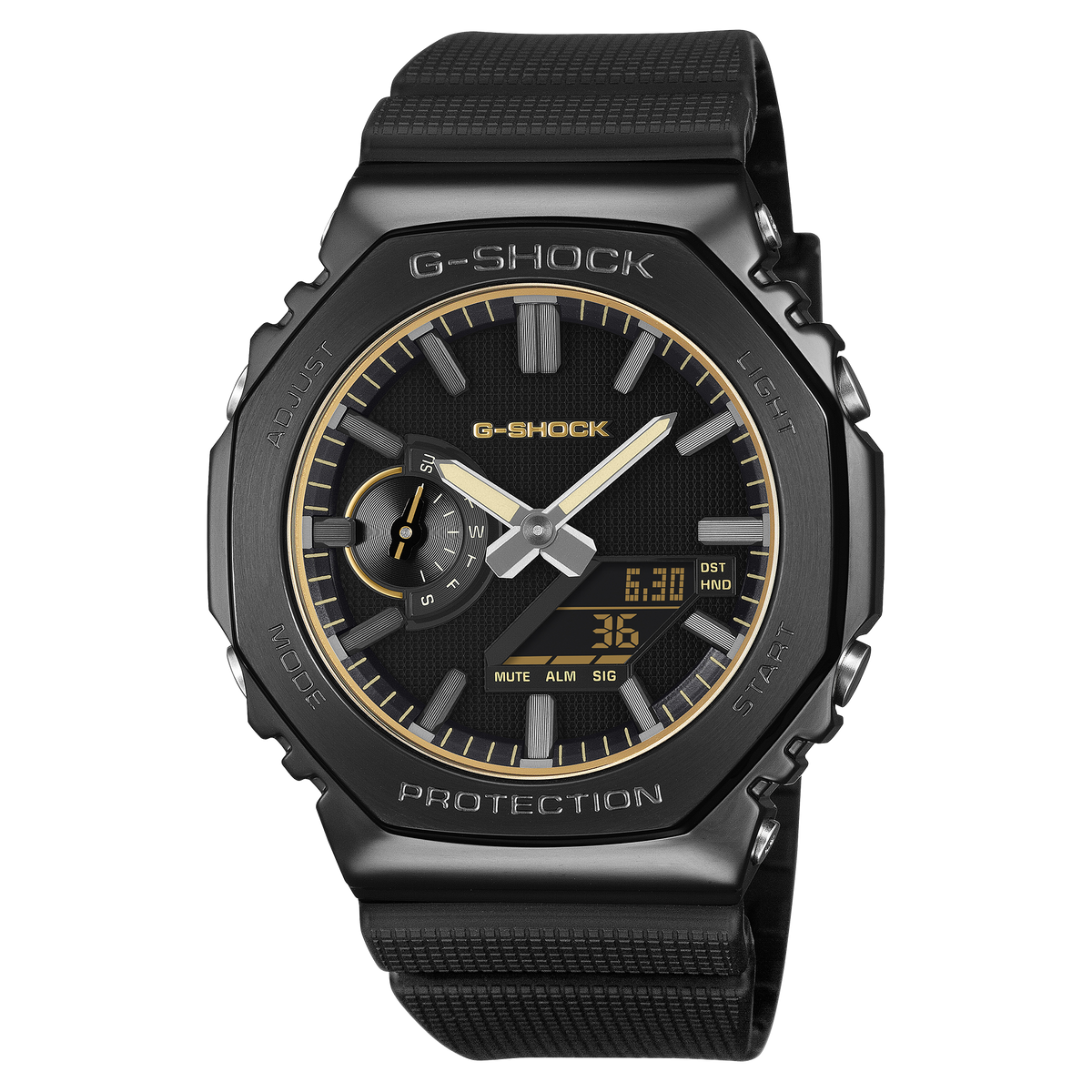 CASIO G-SHOCK GM-2100LXB-1A9ER originale – vista frontale orologio ottagonale metallico nero con accenti dorati LUXE BLACK