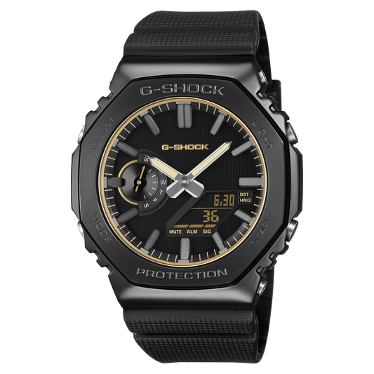 CASIO G-SHOCK GM-2100LXB-1A9ER originale – vista frontale orologio ottagonale metallico nero con accenti dorati LUXE BLACK