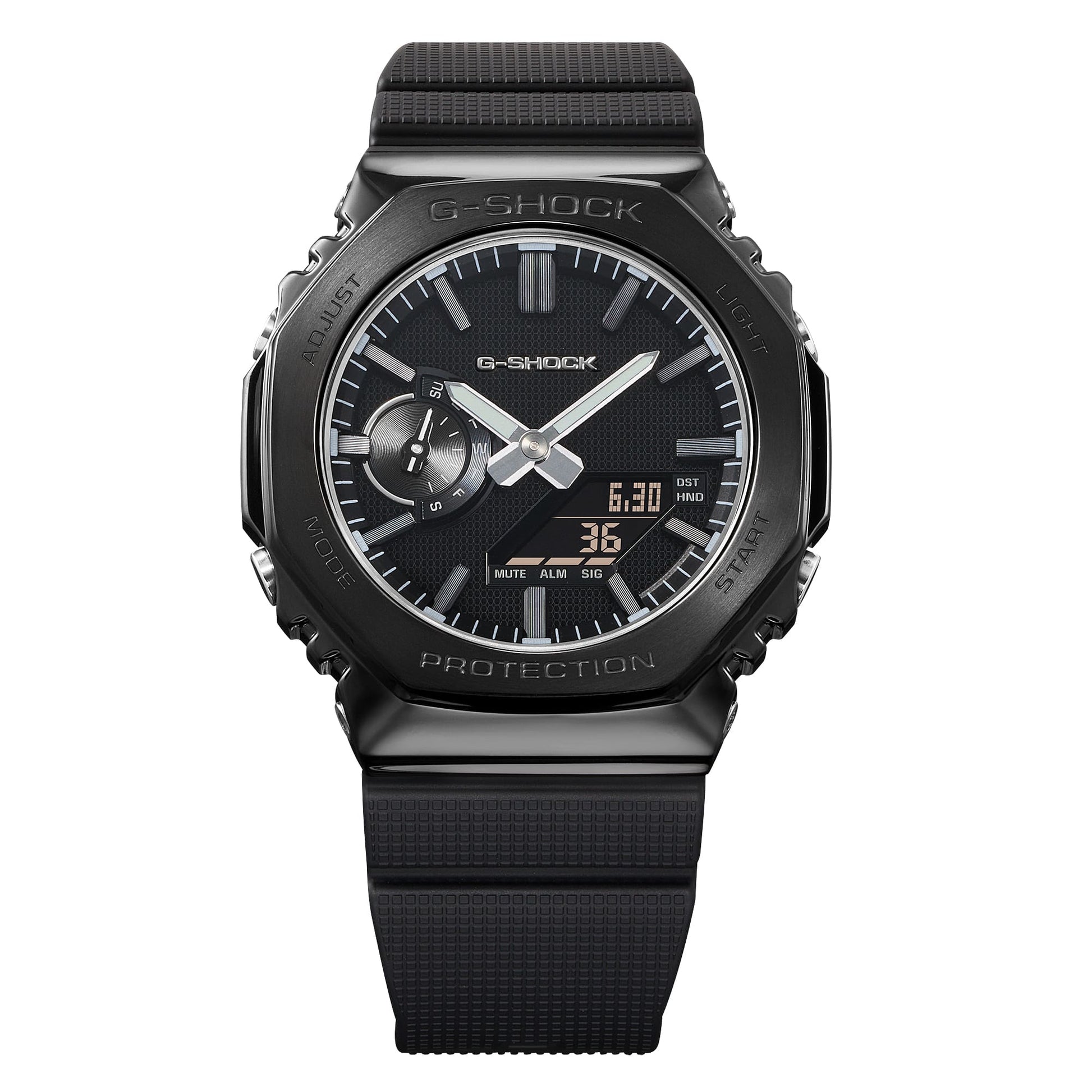 CASIO G-SHOCK GM-2100LXB-1AER originale – dettaglio quadrante orologio ottagonale metallico nero con accenti argentati LUXE BLACK
