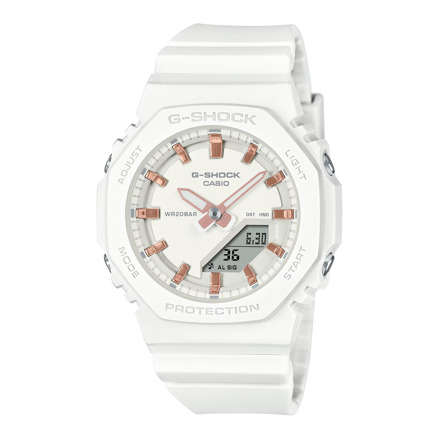 CASIO G-SHOCK GMA-P2100M-7AER originale – vista frontale orologio uomo ottagonale compatto bianco (20 bar)