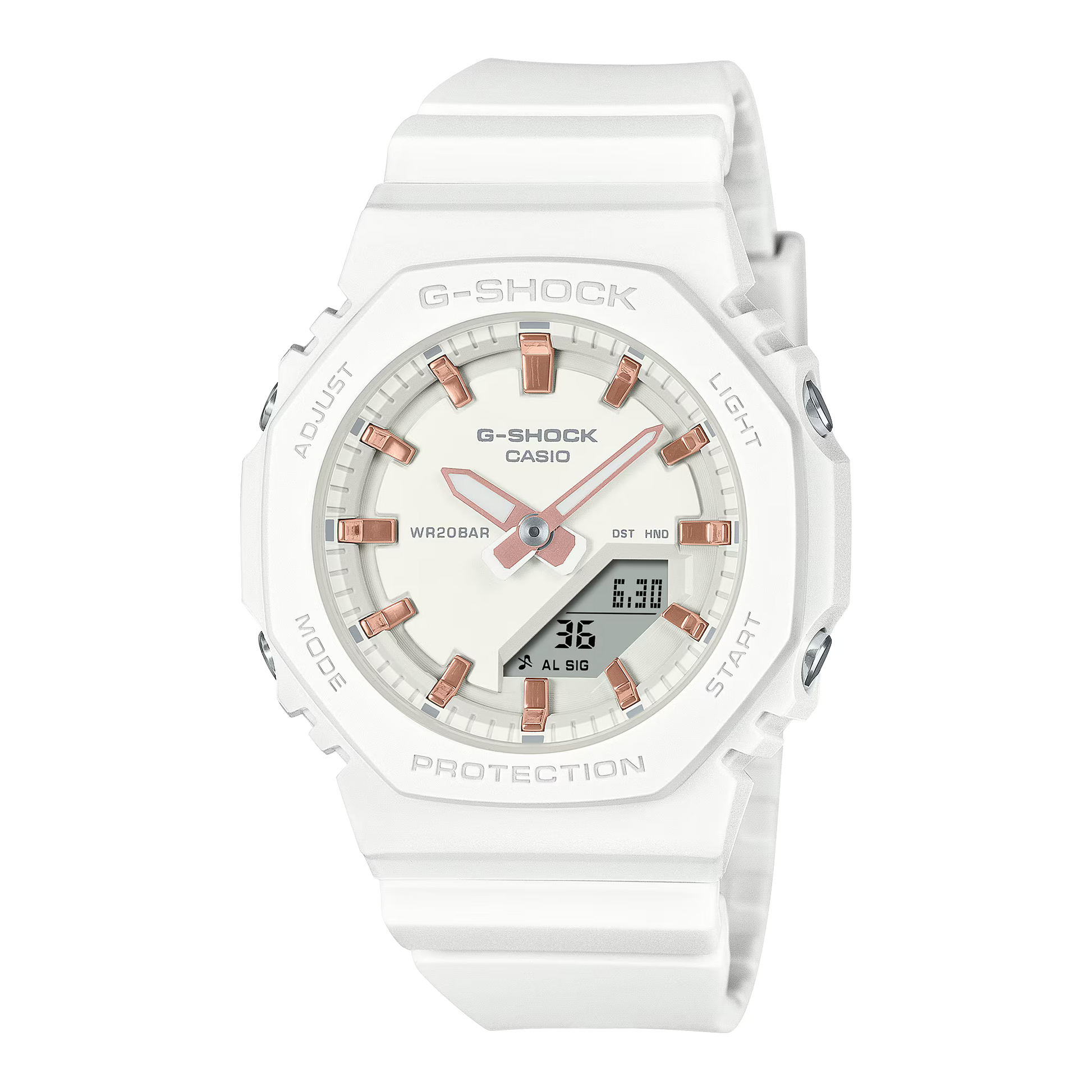 CASIO G-SHOCK GMA-P2100M-7AER originale – vista frontale orologio uomo ottagonale compatto bianco (20 bar)