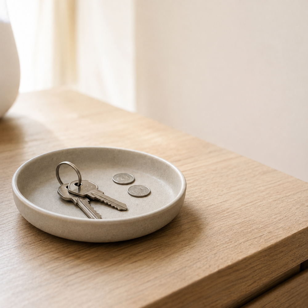 Vassoio in ceramica con chiavi e monete su comodino in legno chiaro, luce naturale