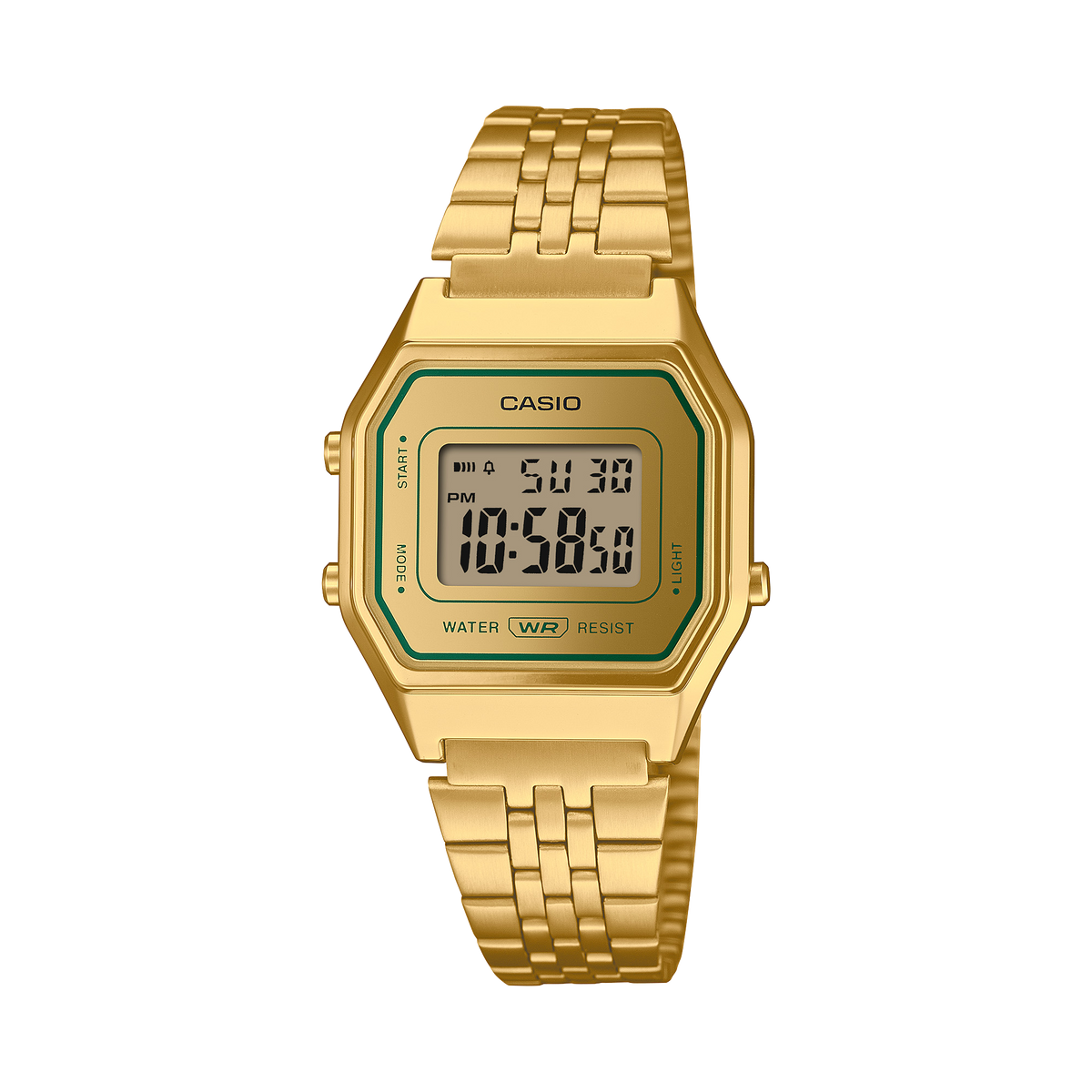 CASIO VINTAGE LA680WEGV-9AEF originale – vista frontale orologio digitale oro e verde
