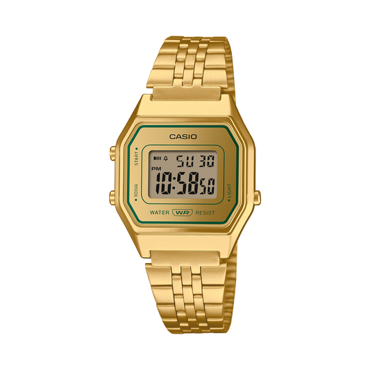 CASIO VINTAGE LA680WEGV-9AEF originale – vista frontale orologio digitale oro e verde