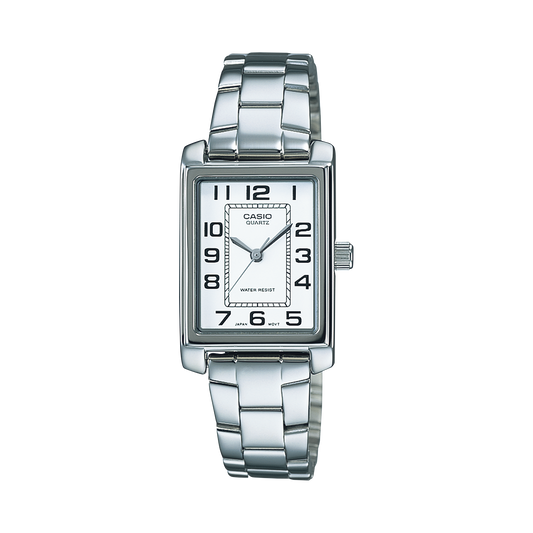 CASIO LTP-1234PD-7BEG originale – vista frontale orologio donna (acciaio, quadrante bianco, formato verticale)