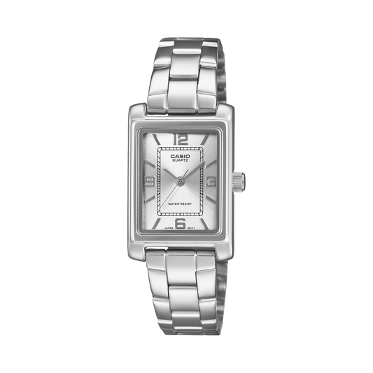 CASIO LTP-1234PDD-7AEF originale – vista frontale orologio donna (acciaio, cassa tonneau rettangolare)