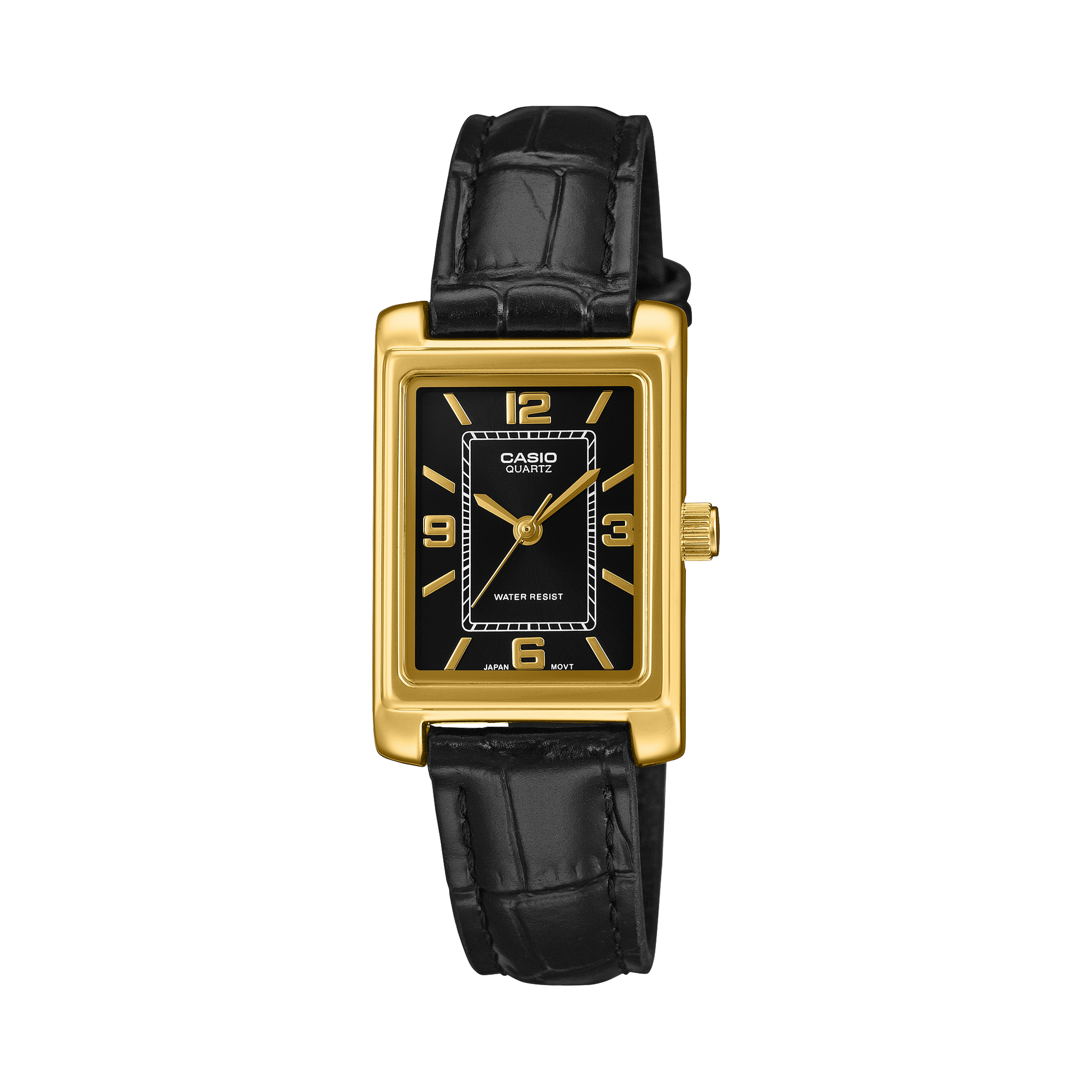 CASIO LTP-1234PGL-1AEF originale – vista frontale orologio donna (dorato, cinturino pelle nera, quadrante nero)