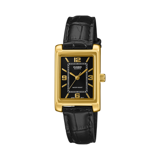 CASIO LTP-1234PGL-1AEF originale – vista frontale orologio donna (dorato, cinturino pelle nera, quadrante nero)