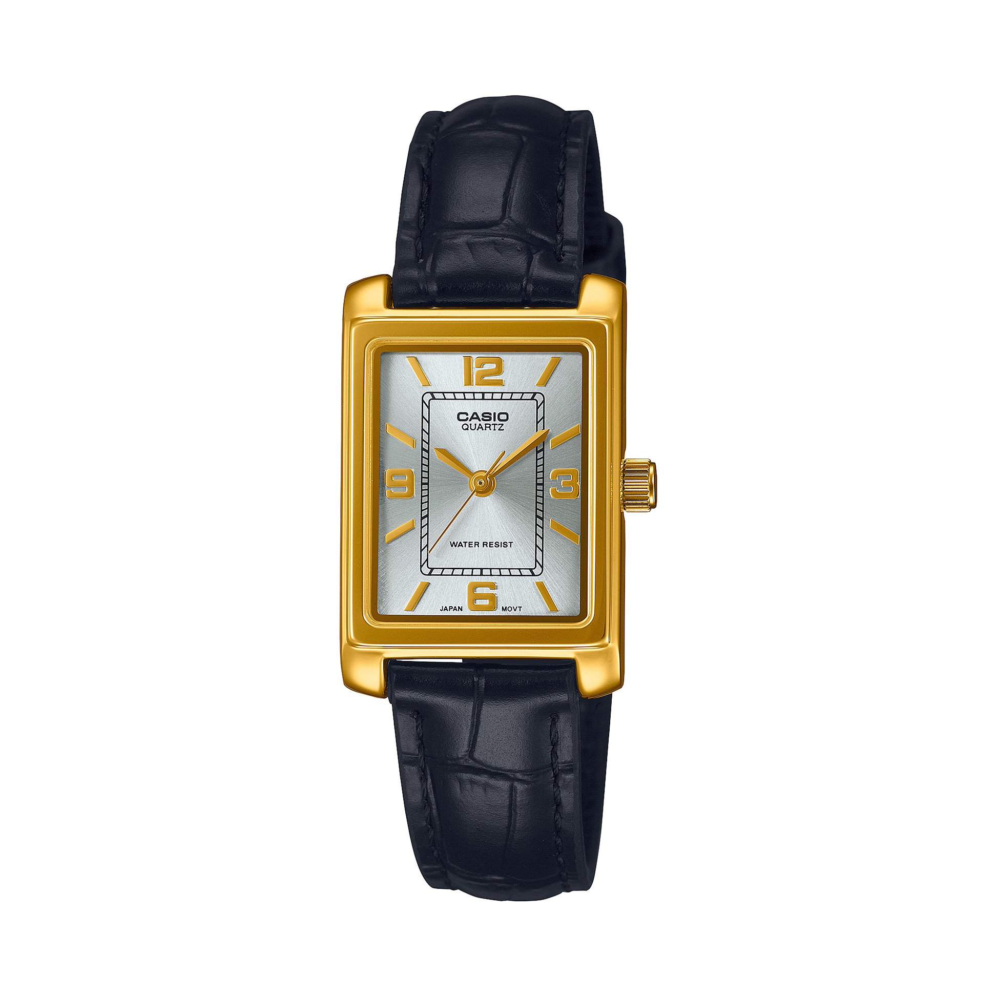 CASIO LTP-1234PGL-7A2EF originale – vista frontale orologio donna (dorato, cinturino pelle nera)