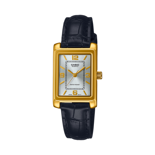 CASIO LTP-1234PGL-7A2EF originale – vista frontale orologio donna (dorato, cinturino pelle nera)