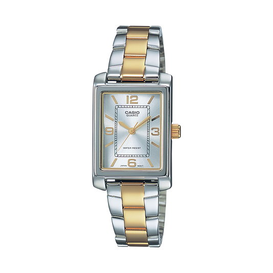 CASIO LTP-1234PSG-7AEG originale – vista frontale orologio donna (bracciale acciaio, datario)