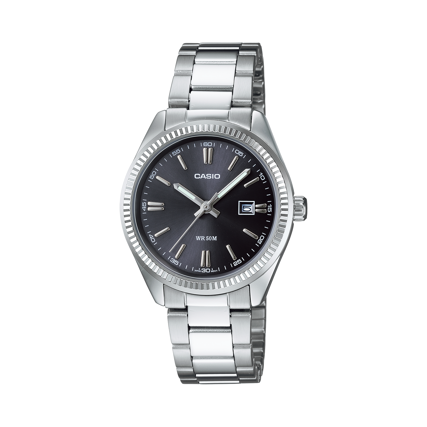 CASIO LTP-1302PD-1A1VEG originale – vista frontale orologio donna (acciaio, quadrante nero, datario)