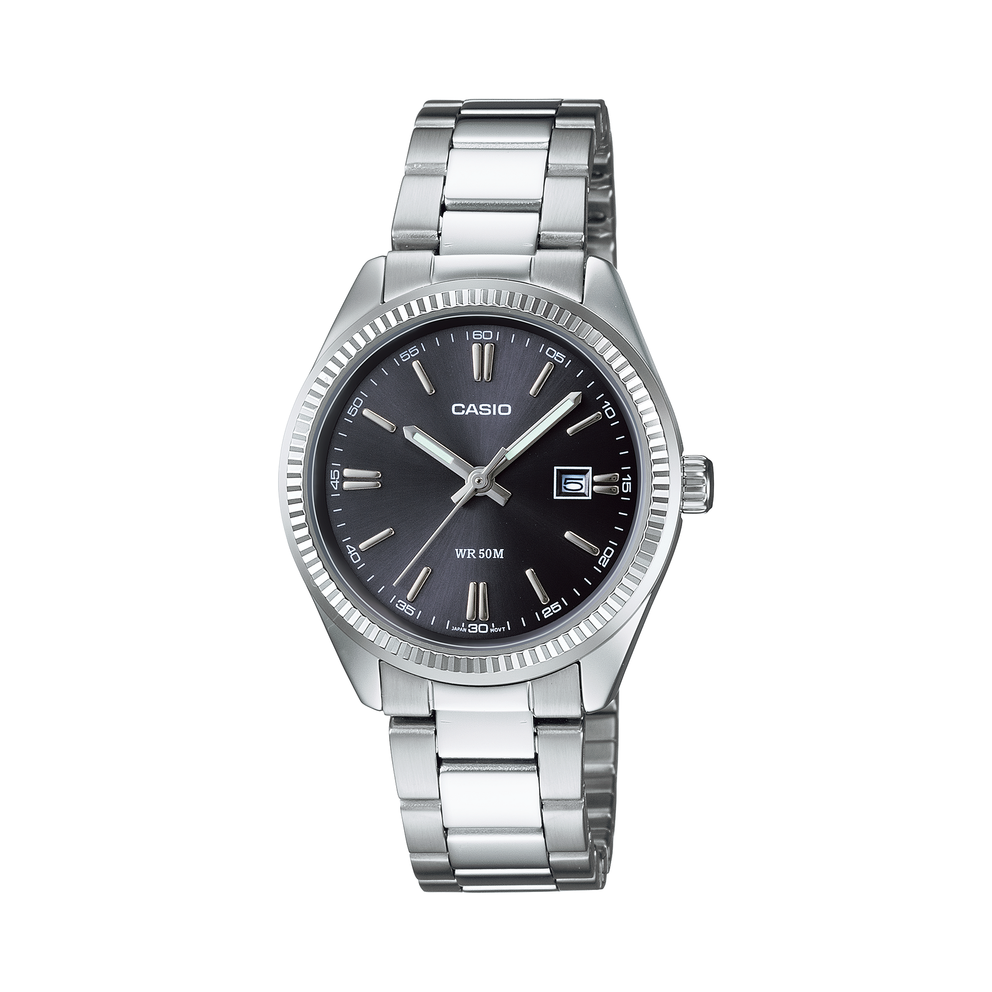 CASIO LTP-1302PD-1A1VEG originale – vista frontale orologio donna (acciaio, quadrante nero, datario)
