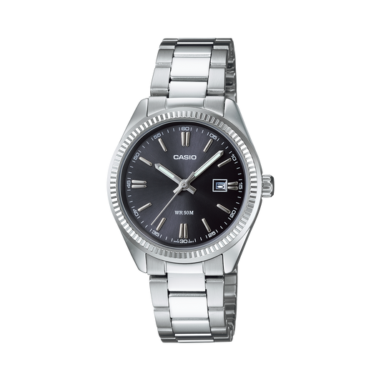 CASIO LTP-1302PD-1A1VEG originale – vista frontale orologio donna (acciaio, quadrante nero, datario)