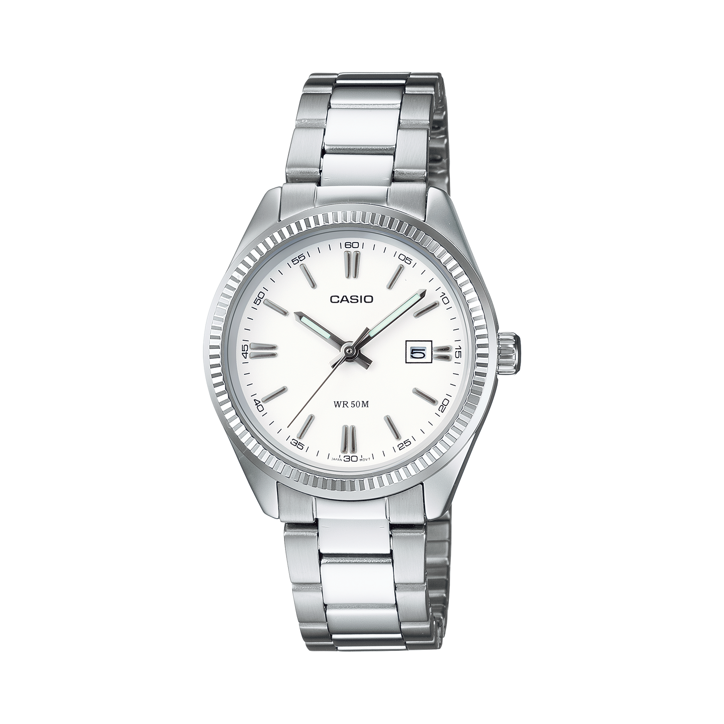 CASIO LTP-1302PD-7A1VEG originale – vista frontale orologio donna (acciaio, quadrante bianco, datario)