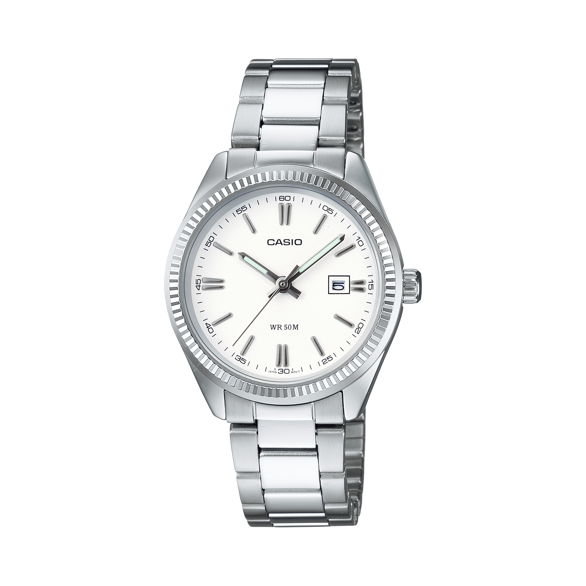 CASIO LTP-1302PD-7A1VEG originale – vista frontale orologio donna (acciaio, quadrante bianco, datario)
