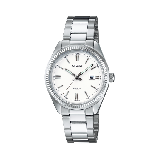 CASIO LTP-1302PD-7A1VEG originale – vista frontale orologio donna (acciaio, quadrante bianco, datario)