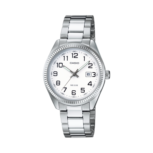 CASIO LTP-1302PD-7BVEG originale – vista frontale orologio donna (acciaio, datario)